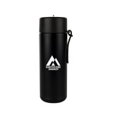 A drink bottle in matte black with a strap and a logo on the front. Ideal for water or beverages.