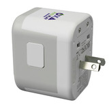 A travel adaptor in white with a square design and a branded logo on one side.