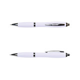 A white metal pen with chrome accents, featuring a sleek design and a push-button mechanism.