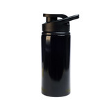 A drink bottle with a sleek black design and a free flow lid, featuring a sturdy build suitable for various beverages.