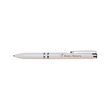 A white pen with a silver clip and accents, featuring a logo.