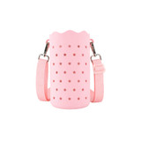 A drink bottle bag in soft pink silicone, featuring star cut-outs and an adjustable strap.