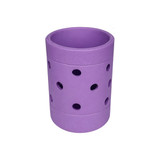 A drink bottle holder in purple, featuring multiple circular holes for ventilation. It has a simple, cylindrical design.
