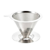 A stainless steel coffee filter with a conical design and a stand for stability. It features a shiny silver finish.