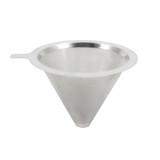 A stainless steel coffee filter in a conical shape, featuring a handle and a fine mesh design.