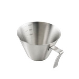 A stainless steel espresso measuring cup with measurement indicators for 50ml, 75ml, and 100ml. Features a handle.