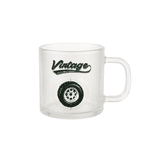 A frosted glass mug featuring a tyre graphic and the word "Vintage." The mug has a clear handle and is cylindrical in shape.