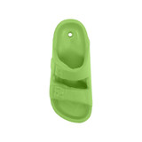 A bright green fridge magnet shaped like a sandal, featuring two straps and a hole at the top.