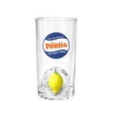 A clear glass cup with a custom spinner toy featuring a yellow lemon inside and a logo.