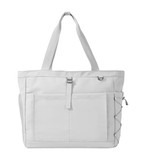 A lightweight tennis tote bag in white, featuring multiple pockets and a logo on the front.