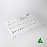 A magnetic whiteboard in white with a logo, featuring sections for notes and recommendations.