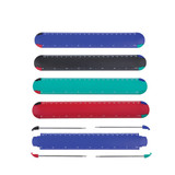 A set of rulers in blue, black, green, and red, accompanied by four ballpoint pens. The rulers have markings and a logo.