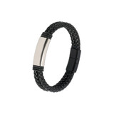 A double-row braided leather bracelet in black, featuring a sleek silver-tone clasp.