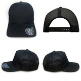 A black trucker cap featuring a mesh back and a logo on the side, showcasing a deep fit design.