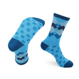 A pair of blue woven work socks featuring a geometric pattern and a logo, with contrasting darker blue highlights.