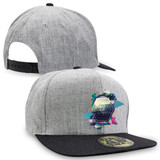 A grey cap with a black brim featuring a logo and colourful geometric design on the front. Adjustable snapback closure.