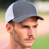 A grey and white cap with a structured design and a curved brim, featuring a logo on the front.