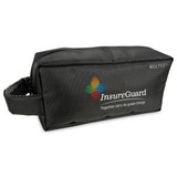 A black toiletry bag with a mesh design and a handle, featuring a logo on the front.