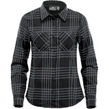 A women's long-sleeve button-up shirt in black with a grey checkered pattern and two chest pockets. It has a logo.