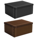 A large keepsake box in black and brown with contrasting white stitching and decorative buttons.