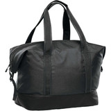 A black and dark grey duffle bag with sturdy handles and a zippered closure, featuring a logo.