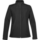A black women's soft shell jacket with a zip front and side pockets, featuring a logo on the sleeve.
