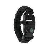 A black 3-in-1 emergency survival bracelet featuring a whistle and compass, designed for outdoor use.