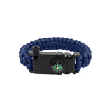 A blue paracord survival bracelet featuring a compass and a black buckle with additional survival tools integrated.