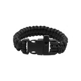 A black paracord bracelet featuring a sturdy buckle and a built-in whistle.