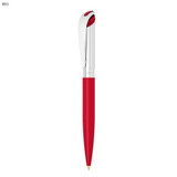 A red metal ballpoint pen with a silver clip and tip, featuring a sleek design and a logo.