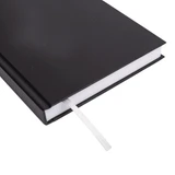 A black A5 diary features a smooth cover and a white ribbon bookmark. It has a sleek, modern design.