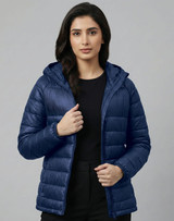 A lightweight hooded puffer jacket in navy blue, featuring a zip front and a branded logo.
