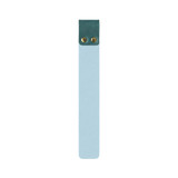 A custom PU bookmark in light blue with a dark green top and two gold metal buttons.