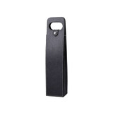 A drink bottle bag in black leather with a handle and stitching details, featuring a logo.
