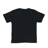 A black t-shirt featuring a plain back design and a logo on the label.