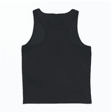 A black singlet with a sleeveless design and a plain back, featuring a logo.