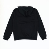 A black hoodie with a hood, featuring long sleeves and a plain back design.