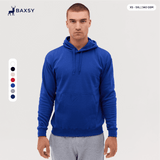A hooded sweatshirt in a vibrant blue colour, featuring a front pocket and a drawstring hood.
