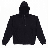 A black zip-up hoodie with a hood and front pockets, featuring a logo on the inside tag.