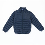 A navy blue puffer jacket with a zip front, stand collar, and two side pockets, featuring a logo.