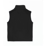 A black softshell vest with a high collar, featuring a smooth finish and a branded logo.