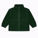 A dark green polar fleece full zip jacket with a high collar and two front pockets. It features elastic cuffs and has a logo.
