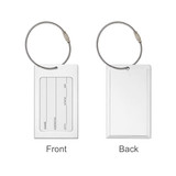 A square aluminium luggage tag with a metal loop, featuring a blank space for personal information. Silver in colour.