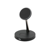 A black 2-in-1 wireless charger featuring a circular charging pad mounted on a sleek, curved stand.