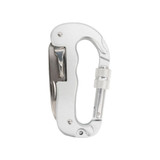 A silver multifunctional carabiner with a locking mechanism and a textured grip. It has a small logo on one side.