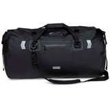 A black waterproof duffle bag with multiple handles, zippers, and a shoulder strap. It features a logo on the side.
