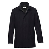 A dark navy wool jacket with a high collar and a front fastening, featuring side pockets and a brand logo.
