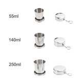Compact stainless steel folding cups in silver, available in 55ml, 140ml, and 250ml sizes, with storage lids.