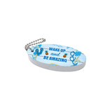 An oval, blue EVA floating keychain featuring floral designs and a ball chain. It has a colourful, decorative pattern.