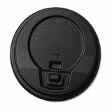 A black drink cup lid with a warning for hot contents and a circular design. It features a press-button opening.